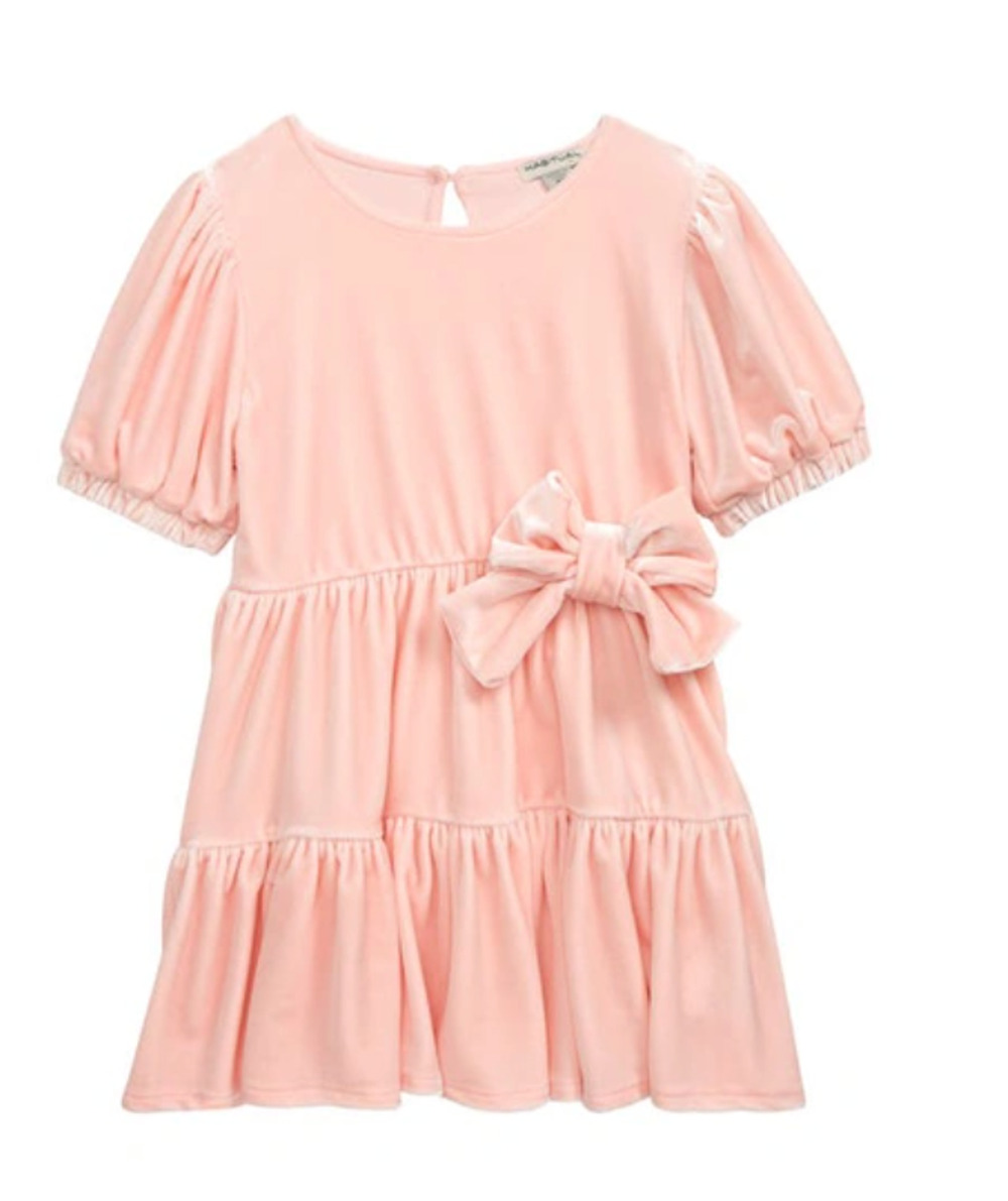 HABITUAL GIRL Kids' Smocked Tiered Velour Dress In Pink - Short Sleeve - 6X